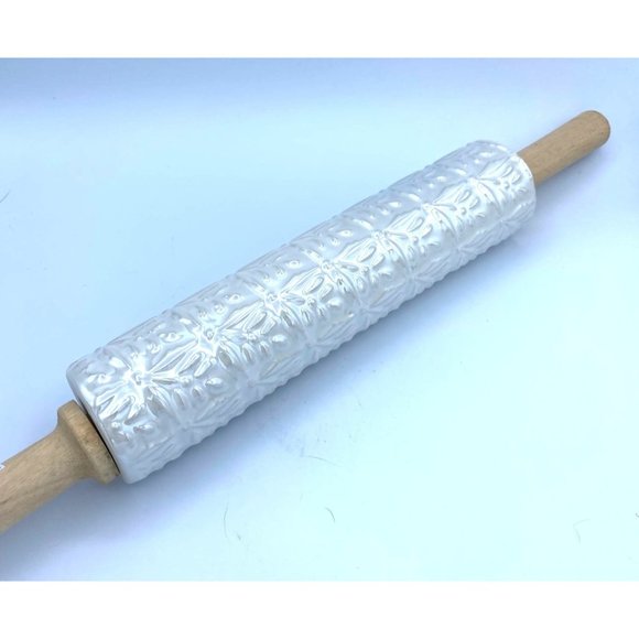 Floral Pattern Embossed Baking Rolling Pin Ceramic with Wood Handles - Picture 1 of 4
